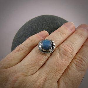 Rose cut labradorite halo ring in blackened sterling silver by Mikel Grant Jewellery