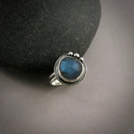 Rose cut labradorite halo ring in blackened sterling silver by Mikel Grant Jewellery