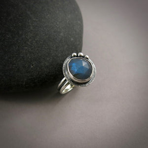 Rose cut labradorite halo ring in blackened sterling silver by Mikel Grant Jewellery