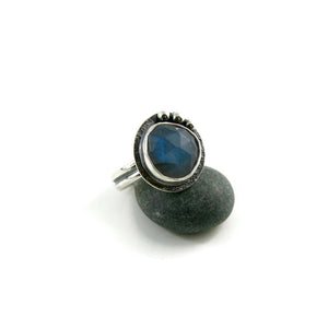 Rose cut labradorite halo ring in blackened sterling silver by Mikel Grant Jewellery