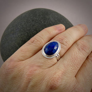 Rose-cut lapis lazuli halo ring in sterling silver by Mikel Grant Jewellery