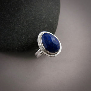 Rose-cut lapis lazuli halo ring in sterling silver by Mikel Grant Jewellery