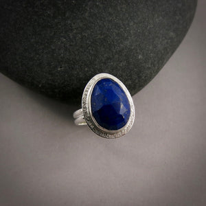 Rose-cut lapis lazuli halo ring in sterling silver by Mikel Grant Jewellery