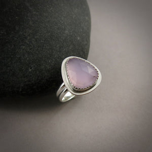 Rose-cut lavender chalcedony halo ring in sterling silver by Mikel Grant Jewellery