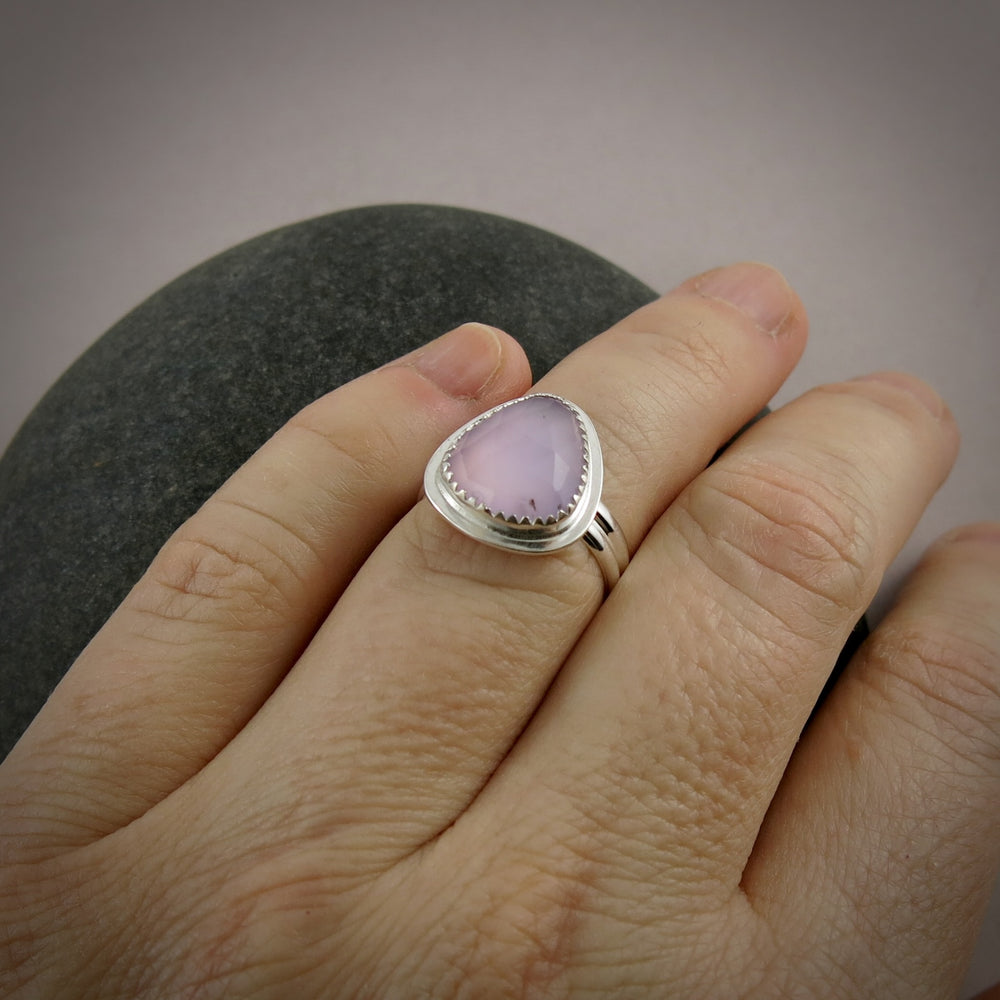 Rose-cut lavender chalcedony halo ring in sterling silver by Mikel Grant Jewellery