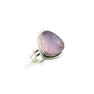 Rose-cut lavender chalcedony halo ring in sterling silver by Mikel Grant Jewellery