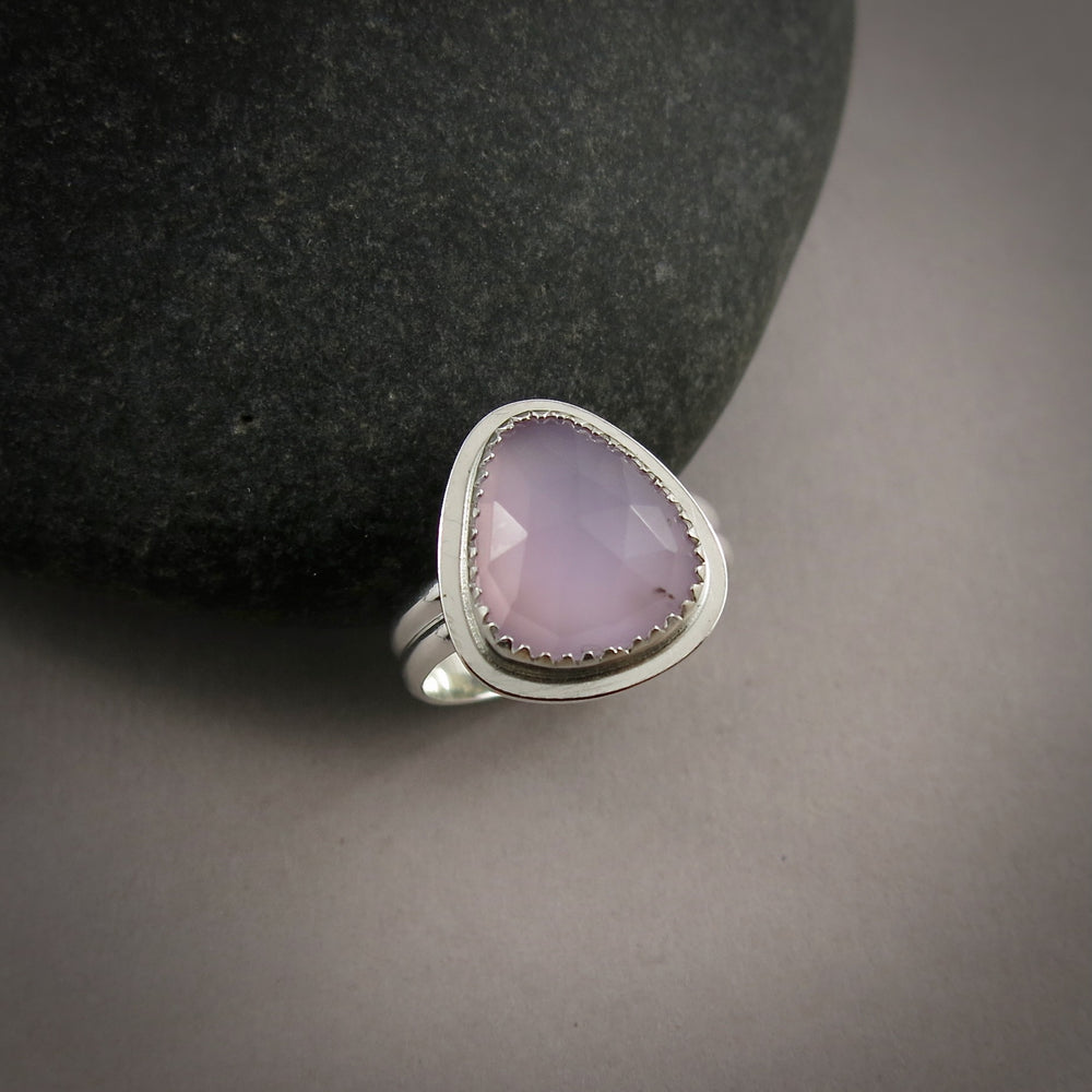 Rose-cut lavender chalcedony halo ring in sterling silver by Mikel Grant Jewellery