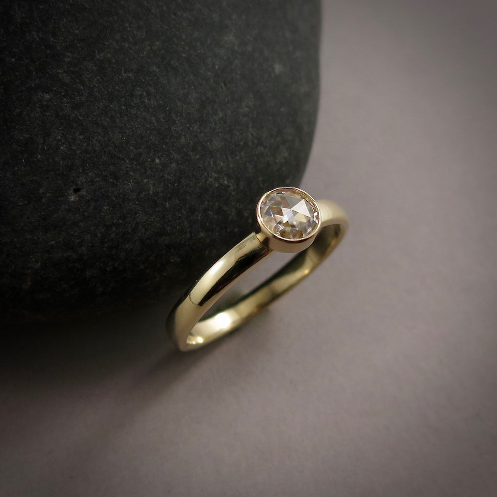 Rose-cut moissanite ring in 14K gold by Mikel Grant Jewellery.  Alternative engagement or wedding band.