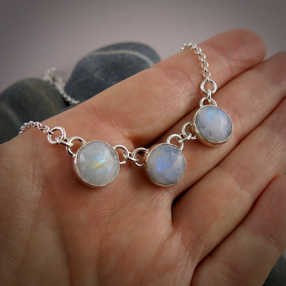 Rose Cut Rainbow Moonstone Trio Necklace in Sterling Silver by Mikel Grant Jewellery