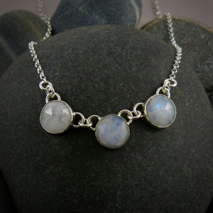 Rose Cut Rainbow Moonstone Trio Necklace in Sterling Silver by Mikel Grant Jewellery