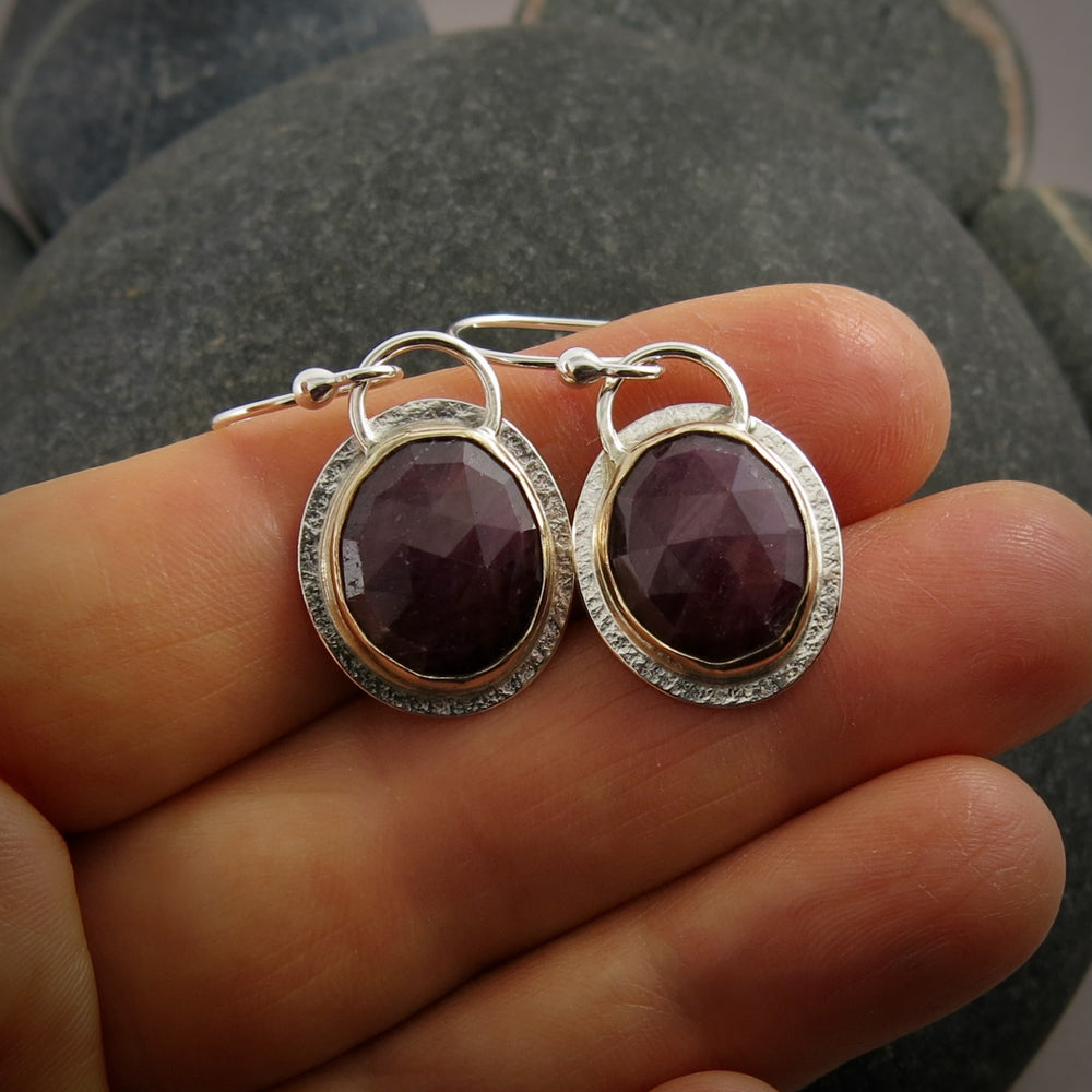 Hot Pink Ruby Earrings • Sterling Silver & 14K Gold