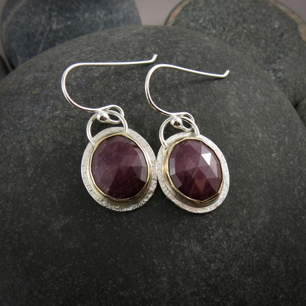 Hot Pink Ruby Earrings • Sterling Silver & 14K Gold