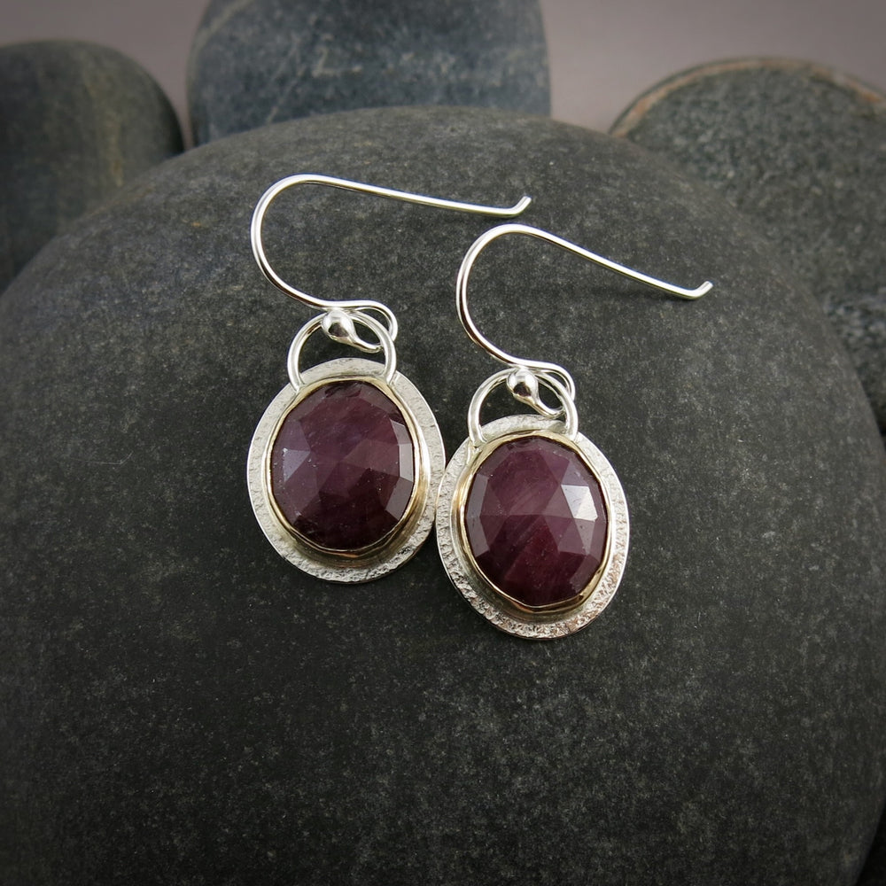 Hot Pink Ruby Earrings • Sterling Silver & 14K Gold