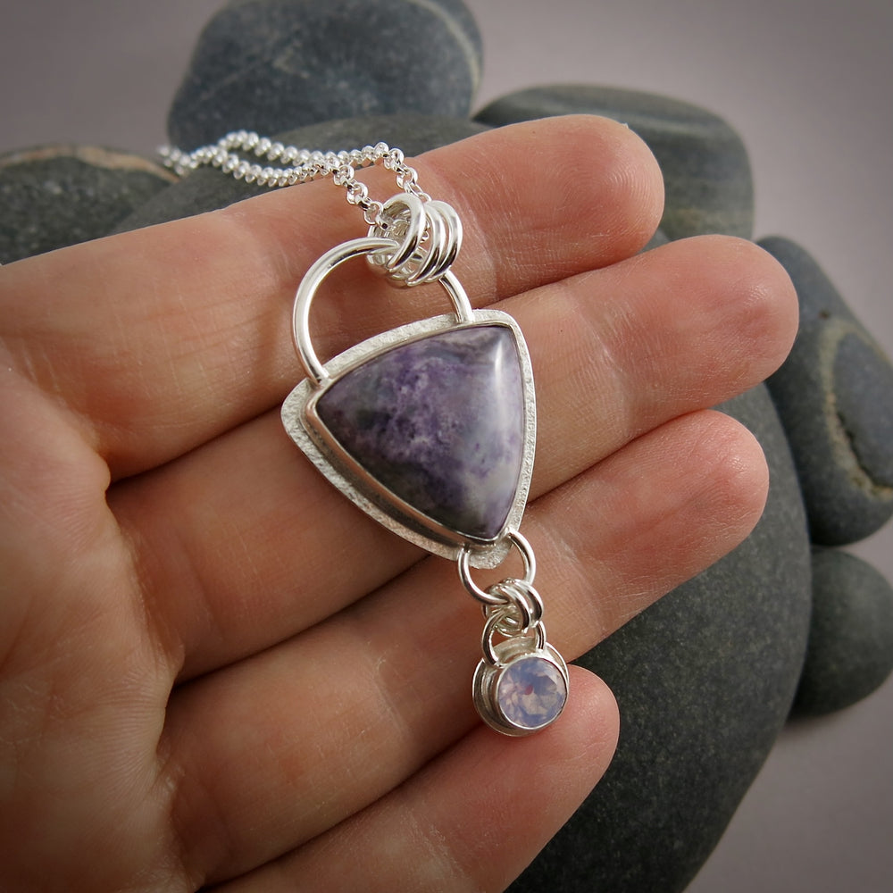 Purple Royal Aztec Agate and Lavender Moon Quartz Necklace in Sterling Silver by Mikel Grant Jewellery