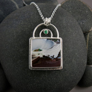Storm necklace by Mikel Grant Jewellery. Scenic opalized fossil wood with faceted emerald in sterling silver.