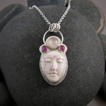 Serenity Necklace by Mikel Grant Jewellery.  Handcrafted sterling silver necklace with ceramic face, rose quartz and pink tourmaline.