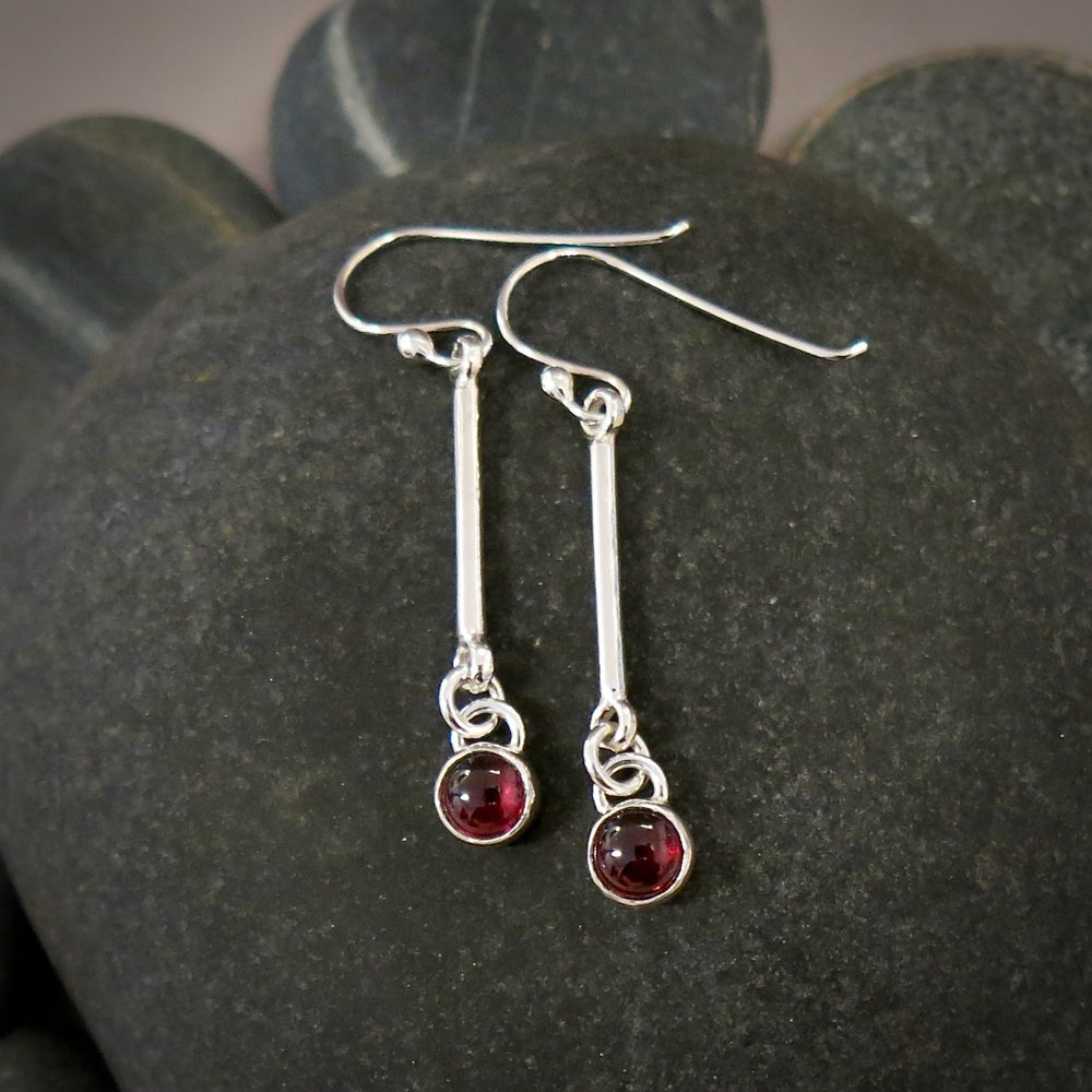 Silver Bar Earrings with Garnet Drops • Sterling Silver