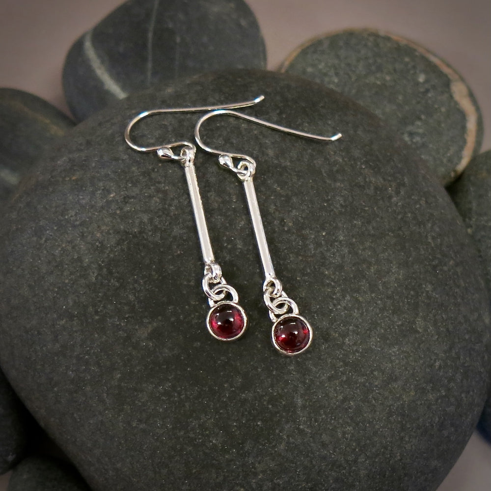 Silver Bar Earrings with Garnet Drops • Sterling Silver