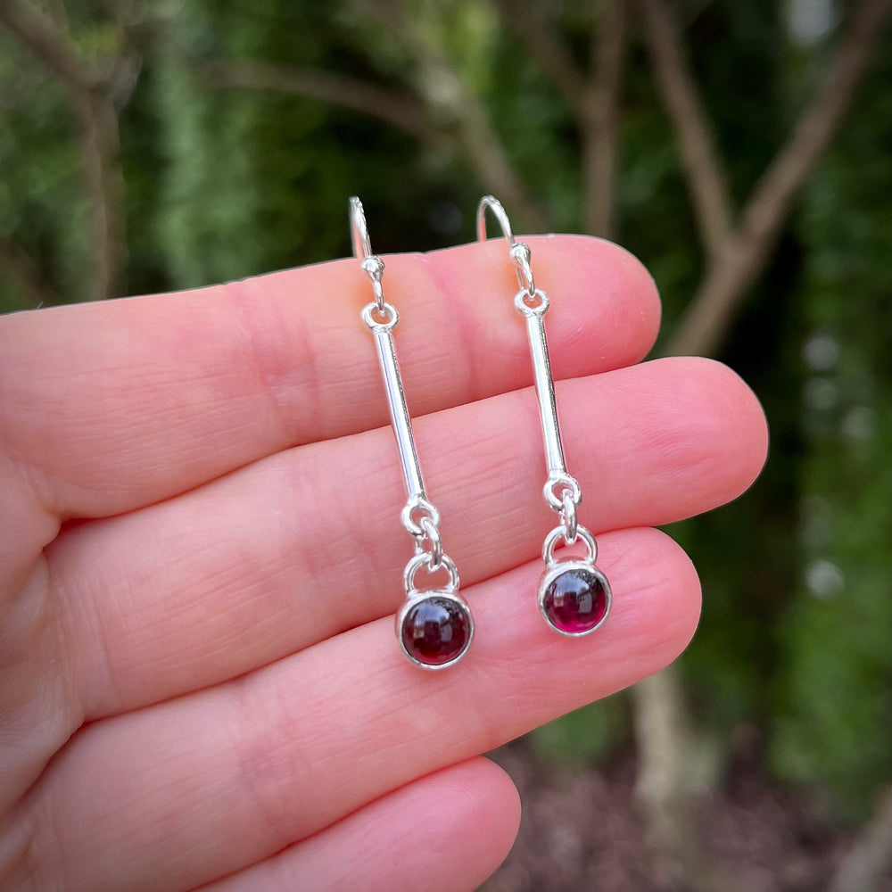 Silver Bar Earrings with Garnet Drops • Sterling Silver