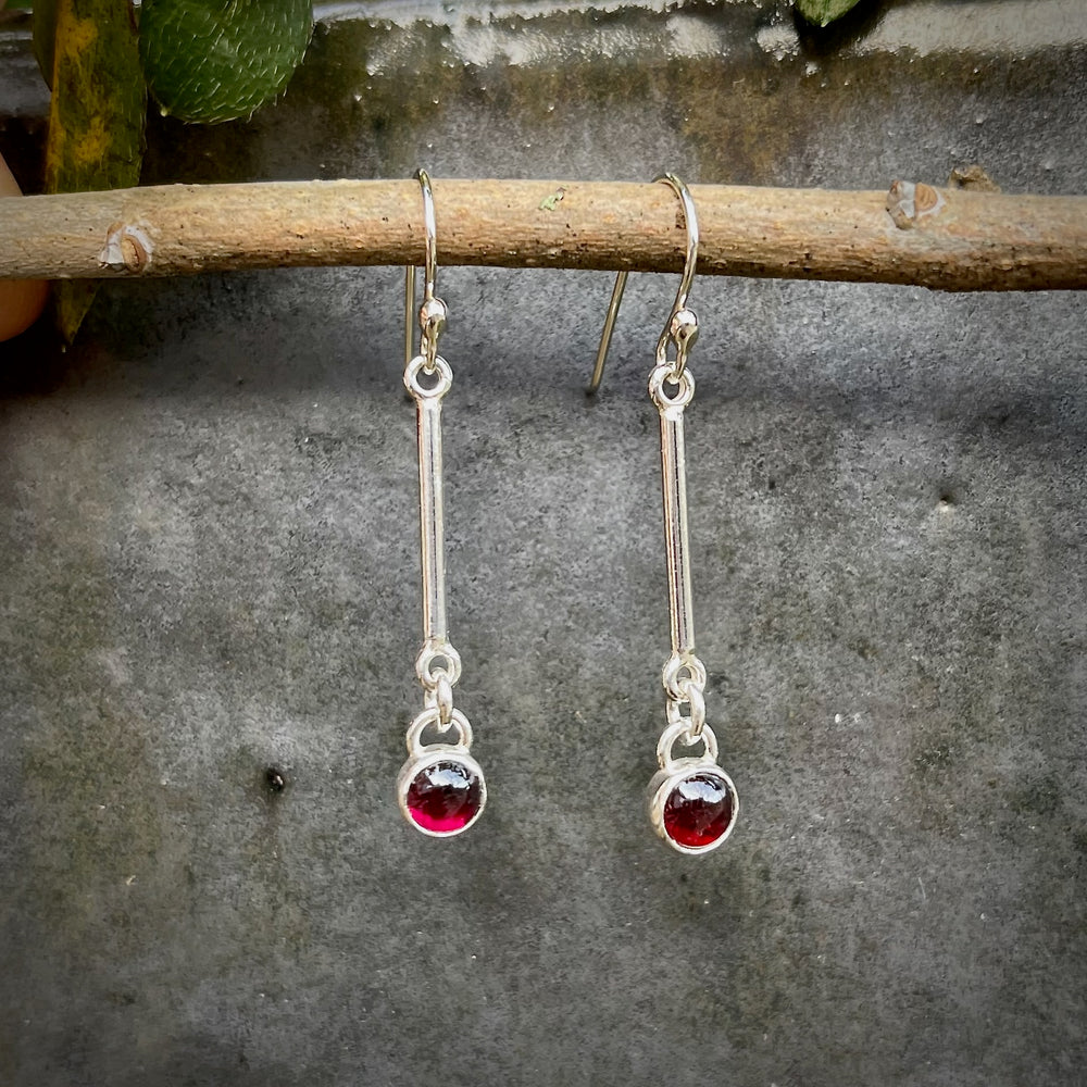 Silver Bar Earrings with Garnet Drops • Sterling Silver