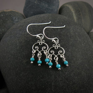 Silver scroll earrings with turquoise bead drops by Mikel Grant Jewellery