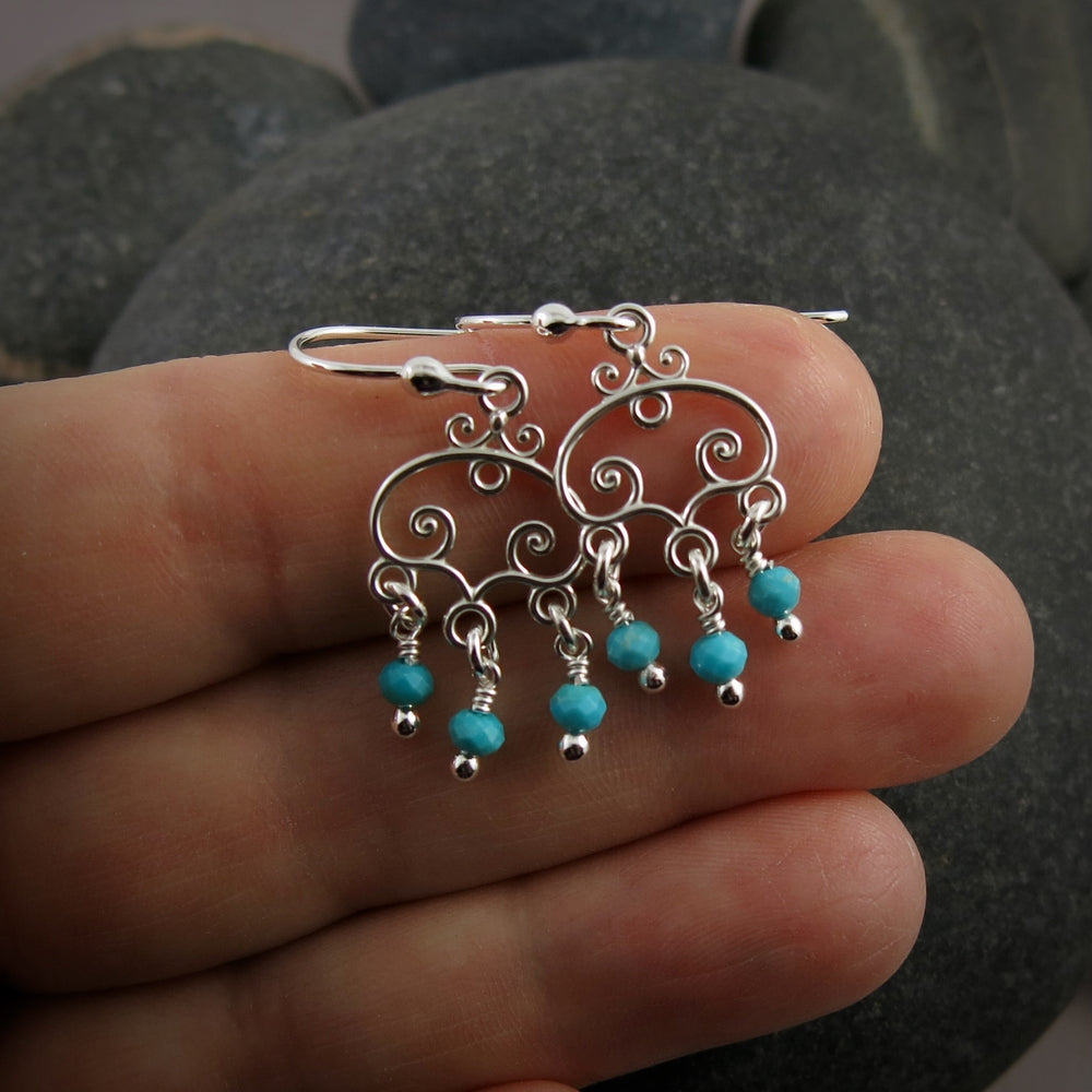 Silver scroll earrings with turquoise bead drops by Mikel Grant Jewellery