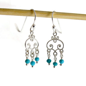 Silver scroll earrings with turquoise bead drops by Mikel Grant Jewellery