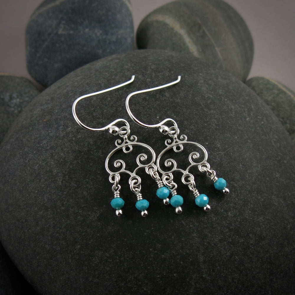 Silver scroll earrings with turquoise bead drops by Mikel Grant Jewellery