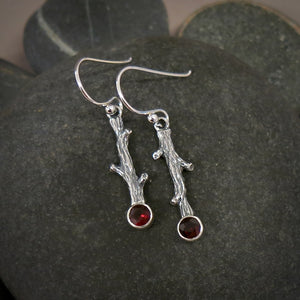 Silver twig earrings with faceted garnets by Mikel Grant Jewellery