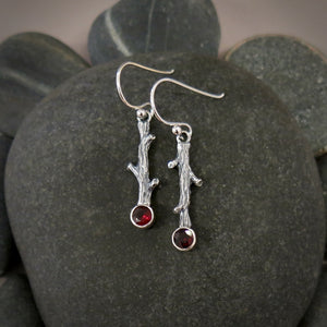 Silver twig earrings with faceted garnets by Mikel Grant Jewellery