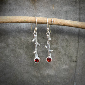 Silver twig earrings with faceted garnets by Mikel Grant Jewellery