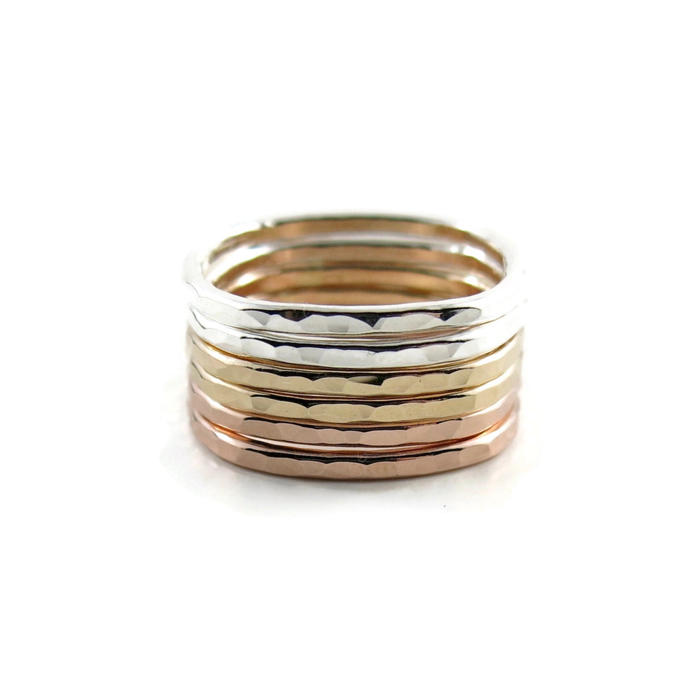 Soft square stacking rings by Mikel Grant Jewellery. Hammer textured in sterling silver, 14K gold or rose gold fill.