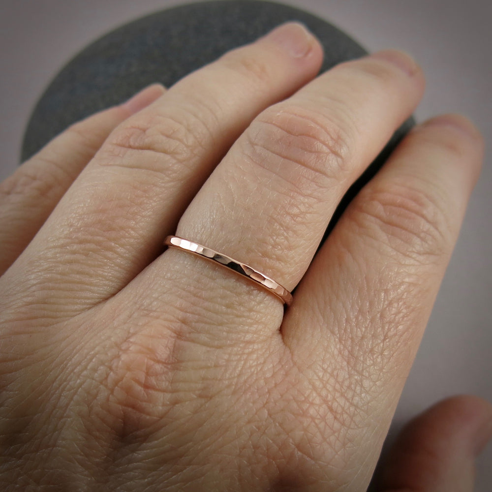 Soft square stacking rings by Mikel Grant Jewellery. Hammer textured in sterling silver, 14K gold or rose gold fill.