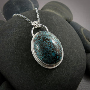 Speckled blue and brown Hubei turquoise pendant in sterling silver by Mikel Grant Jewellery.