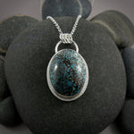 Speckled blue and brown Hubei turquoise pendant in sterling silver by Mikel Grant Jewellery.