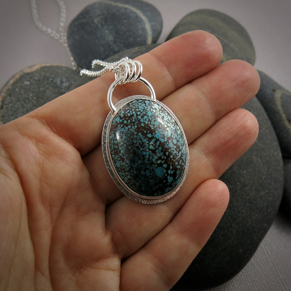 Speckled blue and brown Hubei turquoise pendant in sterling silver by Mikel Grant Jewellery.