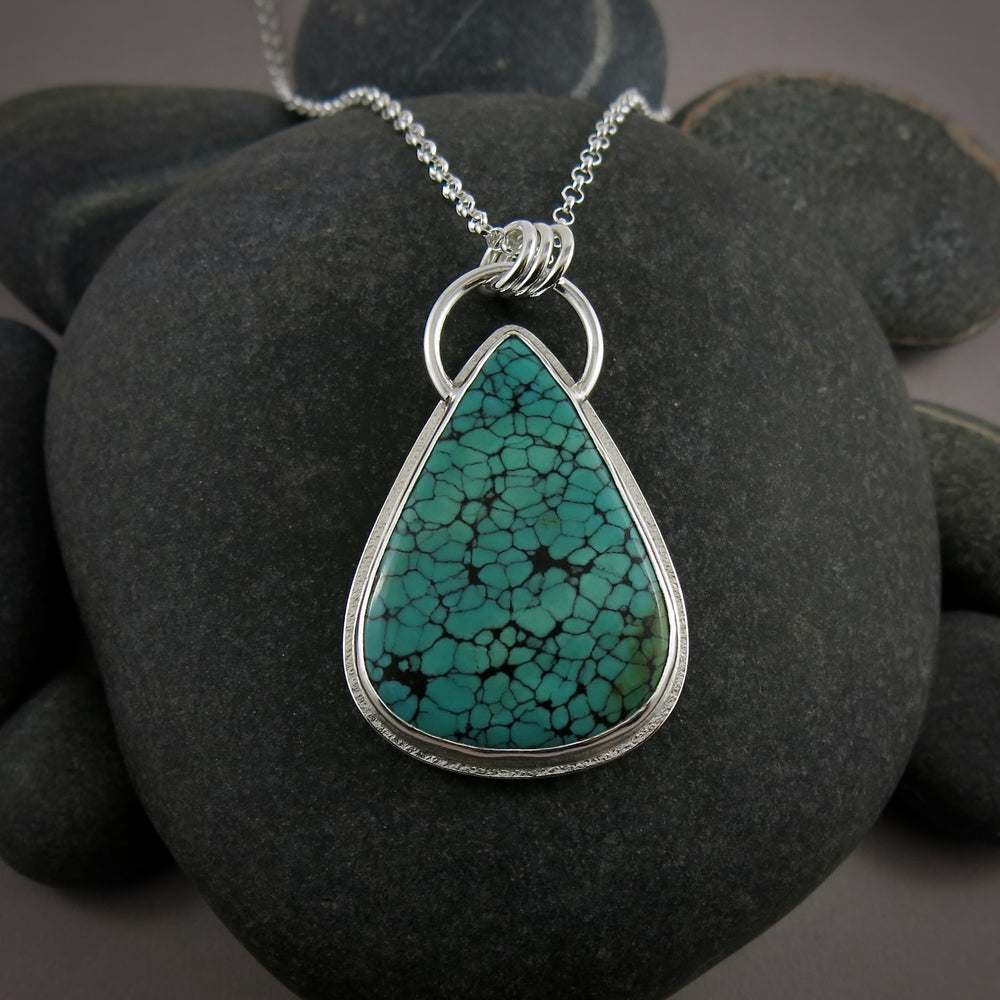 Spiderweb Turquoise Teardrop Pendant in Sterling Silver by Mikel Grant Jewellery
