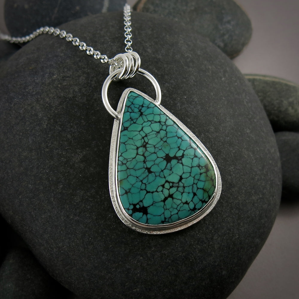 Spiderweb Turquoise Teardrop Pendant in Sterling Silver by Mikel Grant Jewellery