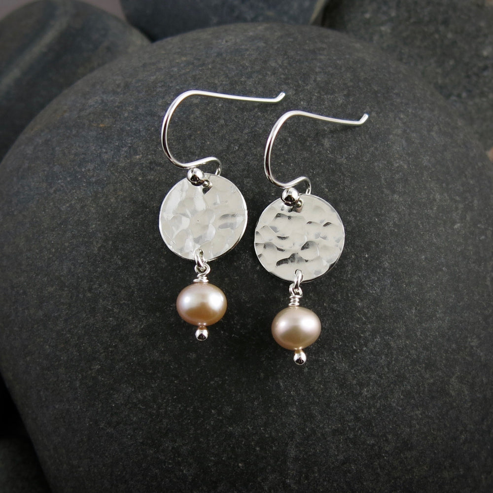 Hammered silver disc earrings with peach pearl drops by Mikel Grant Jewellery