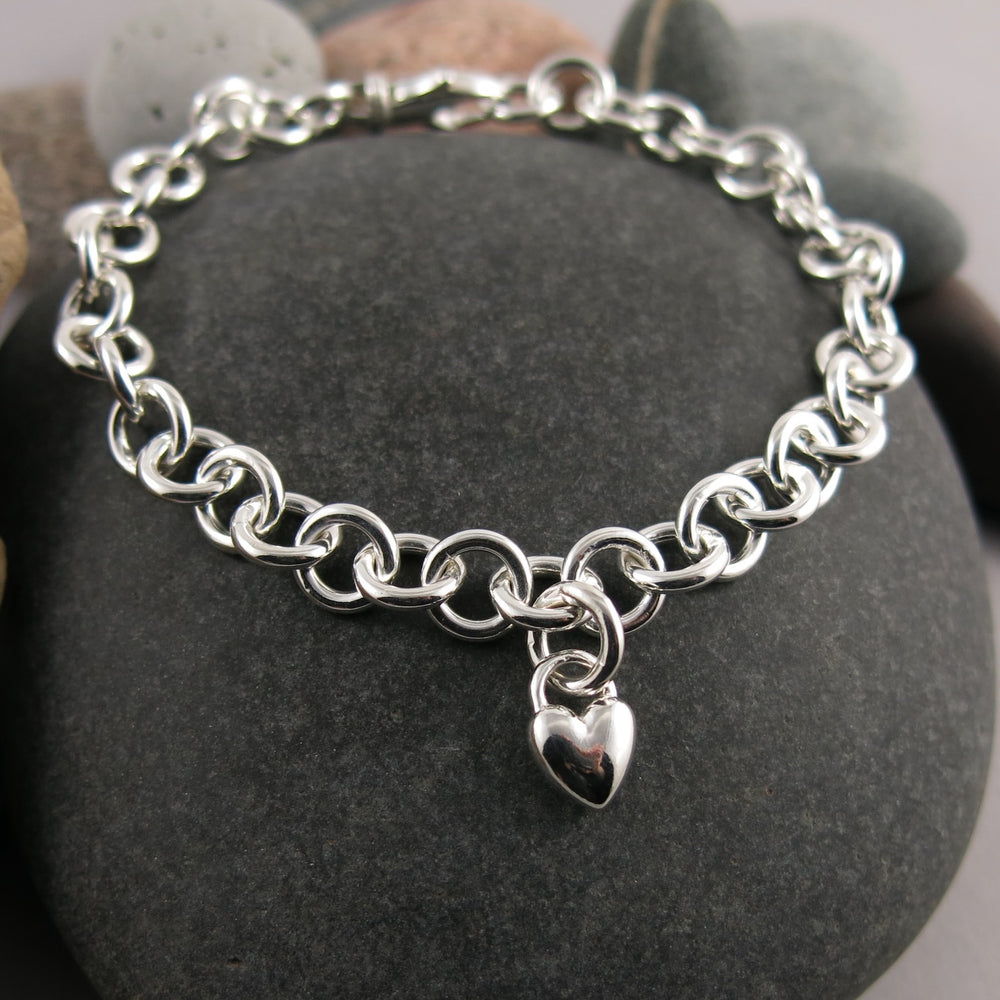 Silver charm bracelet with puffy heart by Mikel Grant Jewellery