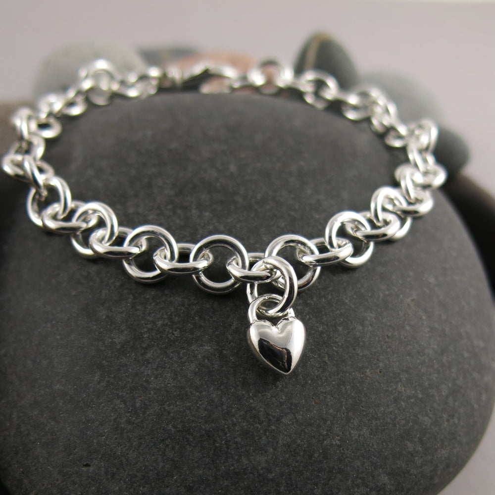 Silver charm bracelet with puffy heart by Mikel Grant Jewellery