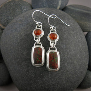 Sunrise earrings by Mikel Grant Jewellery.  Baltic amber and Sonoran sunrise jasper in sterling silver.