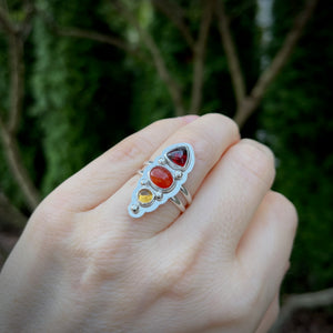 Sunrise statement ring in sterling silver by Mikel Grant Jewellery.  Garnet, carnelian and citrine.