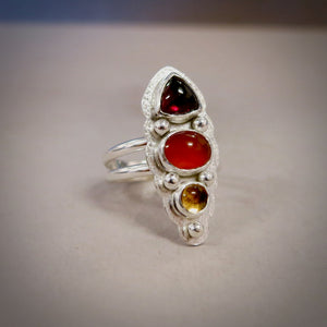 Sunrise statement ring in sterling silver by Mikel Grant Jewellery.  Garnet, carnelian and citrine.