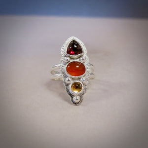 Sunrise statement ring in sterling silver by Mikel Grant Jewellery.  Garnet, carnelian and citrine.