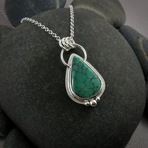 Spiderweb Hubei teardrop turquoise pendant in sterling silver by Mikel Grant Jewellery