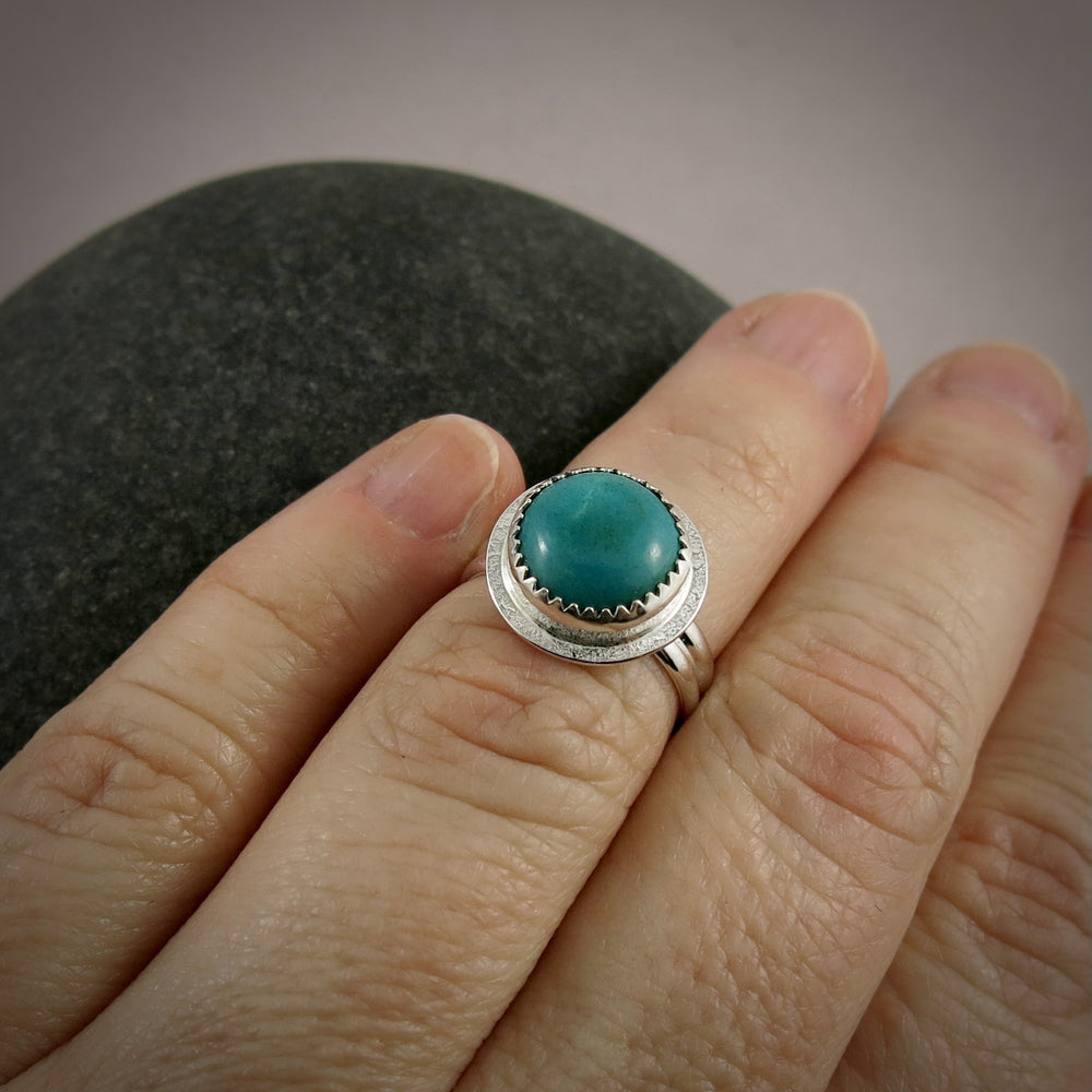 Tibetan turquoise ring in sterling silver by Mikel Grant Jewellery.  Size 5.