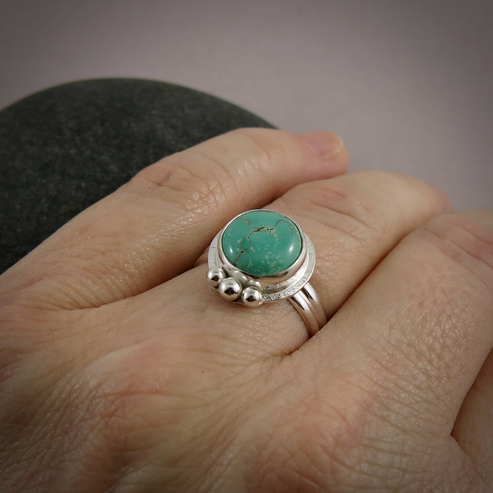 Tibetan turquoise ring in sterling silver by Mikel Grant Jewellery.  Size 8.