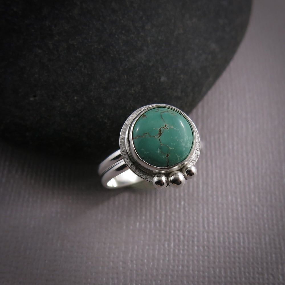 Tibetan turquoise ring in sterling silver by Mikel Grant Jewellery.  Size 8.