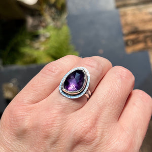 Rose cut trapiche amethyst ring in blackened silver by Mikel Grant Jewellery